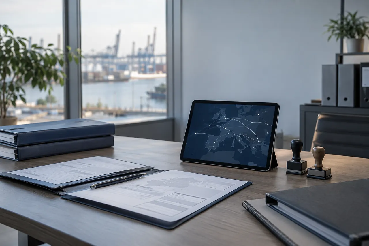 Carpetas, sellos y una tablet con un mapa de rutas sobre una mesa de oficina.
