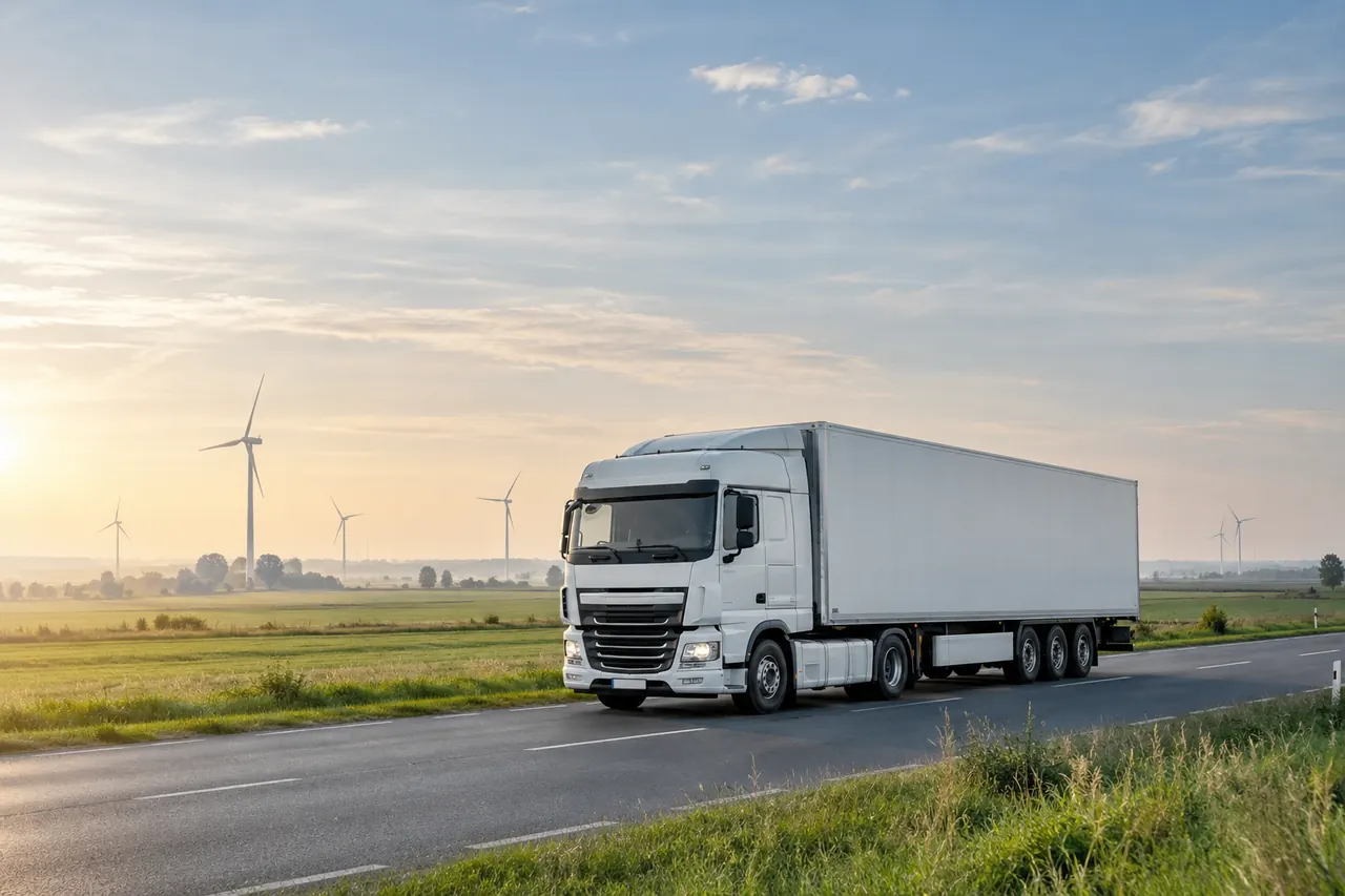 Un camión cruza una llanura verde con molinos al fondo.