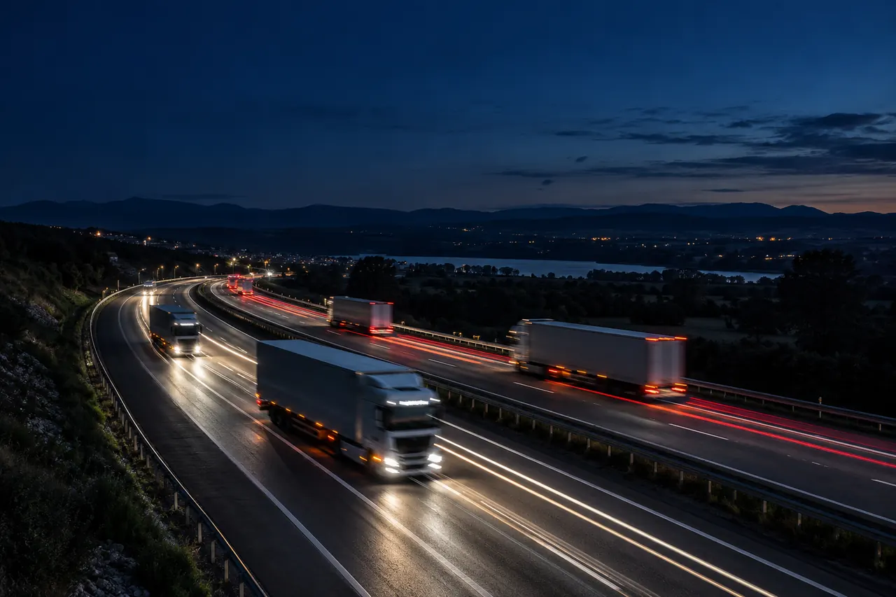 Estelas de luz de camiones sobre una autopista de noche.